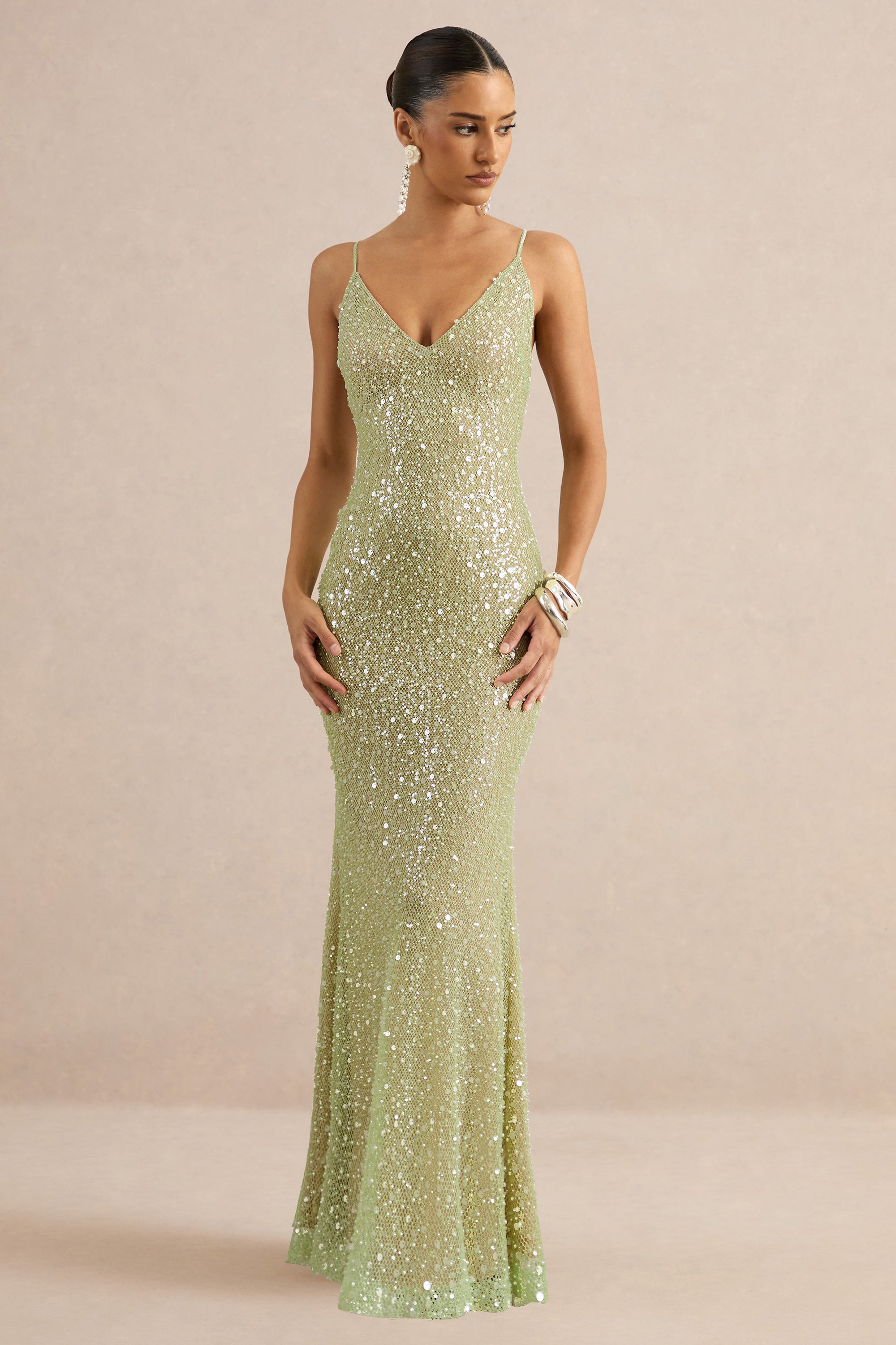 Minna | Sage Sheer Sequin Plunge-Neck Maxi Dress – Club L London