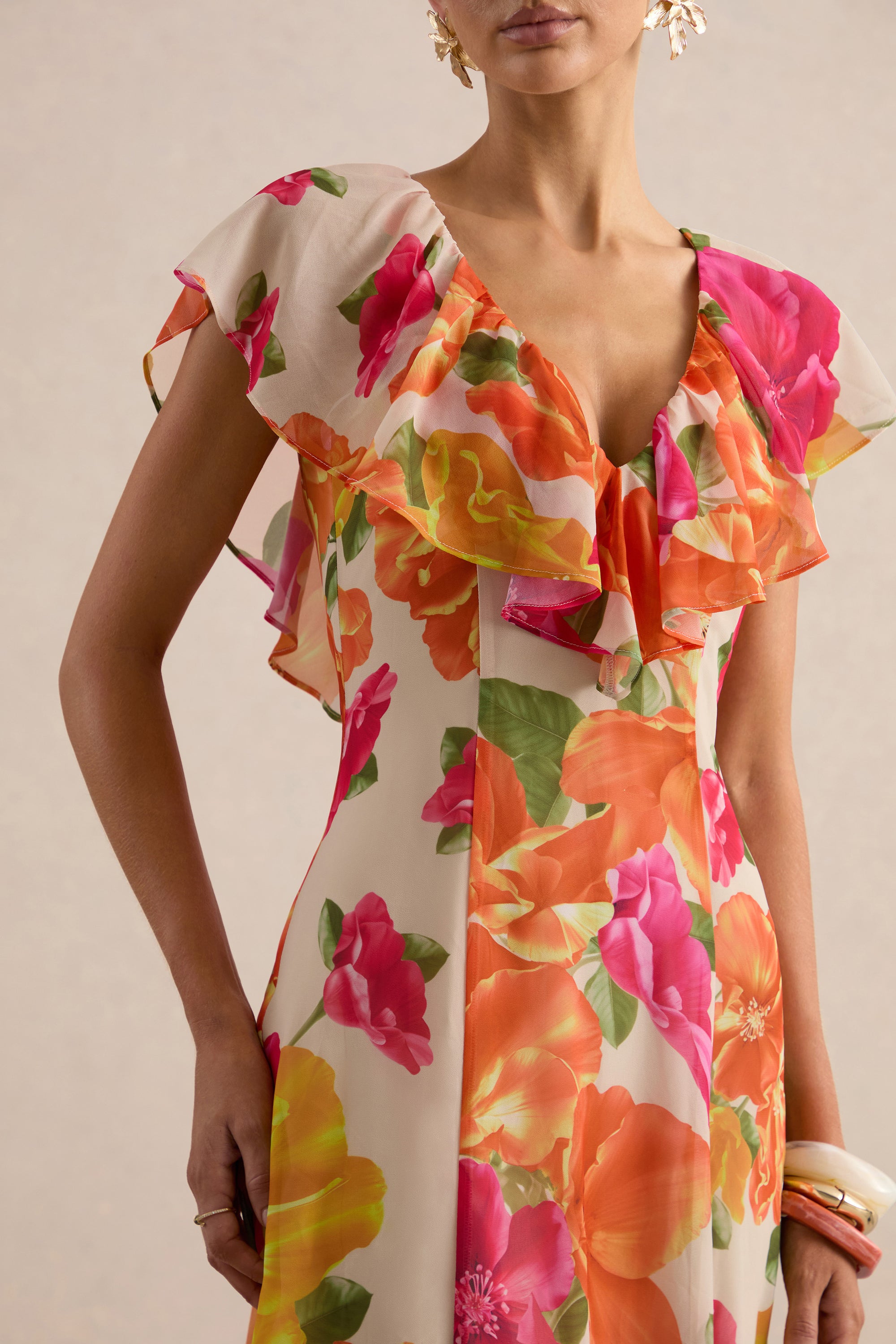 Naelle | Orange Floral Print Chiffon Plunge-Neck Maxi Dress With Ruffl – Club L London