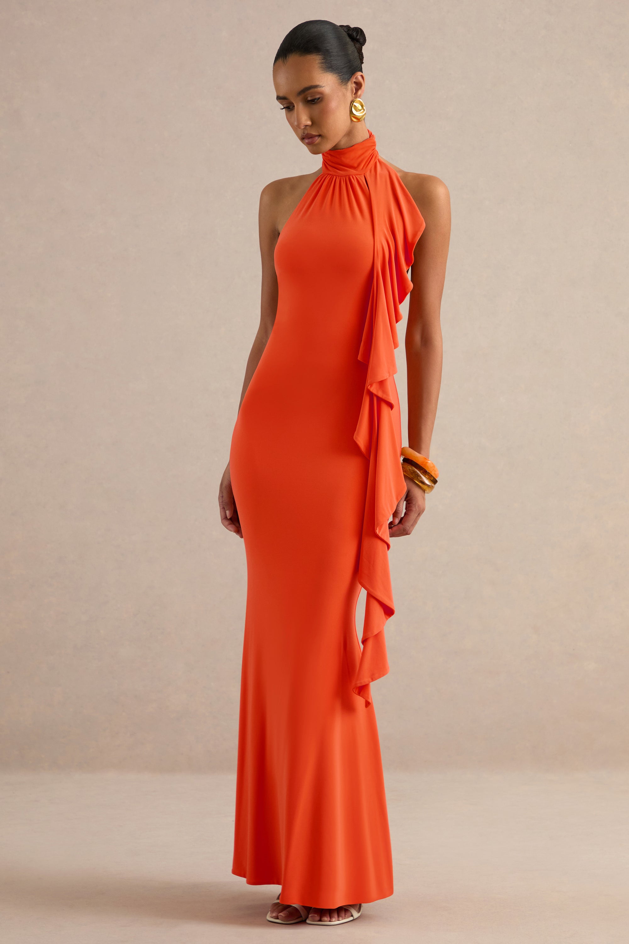 Namira | Orange High-Neck Maxi Dress With Ruffled Detailing – Club L London