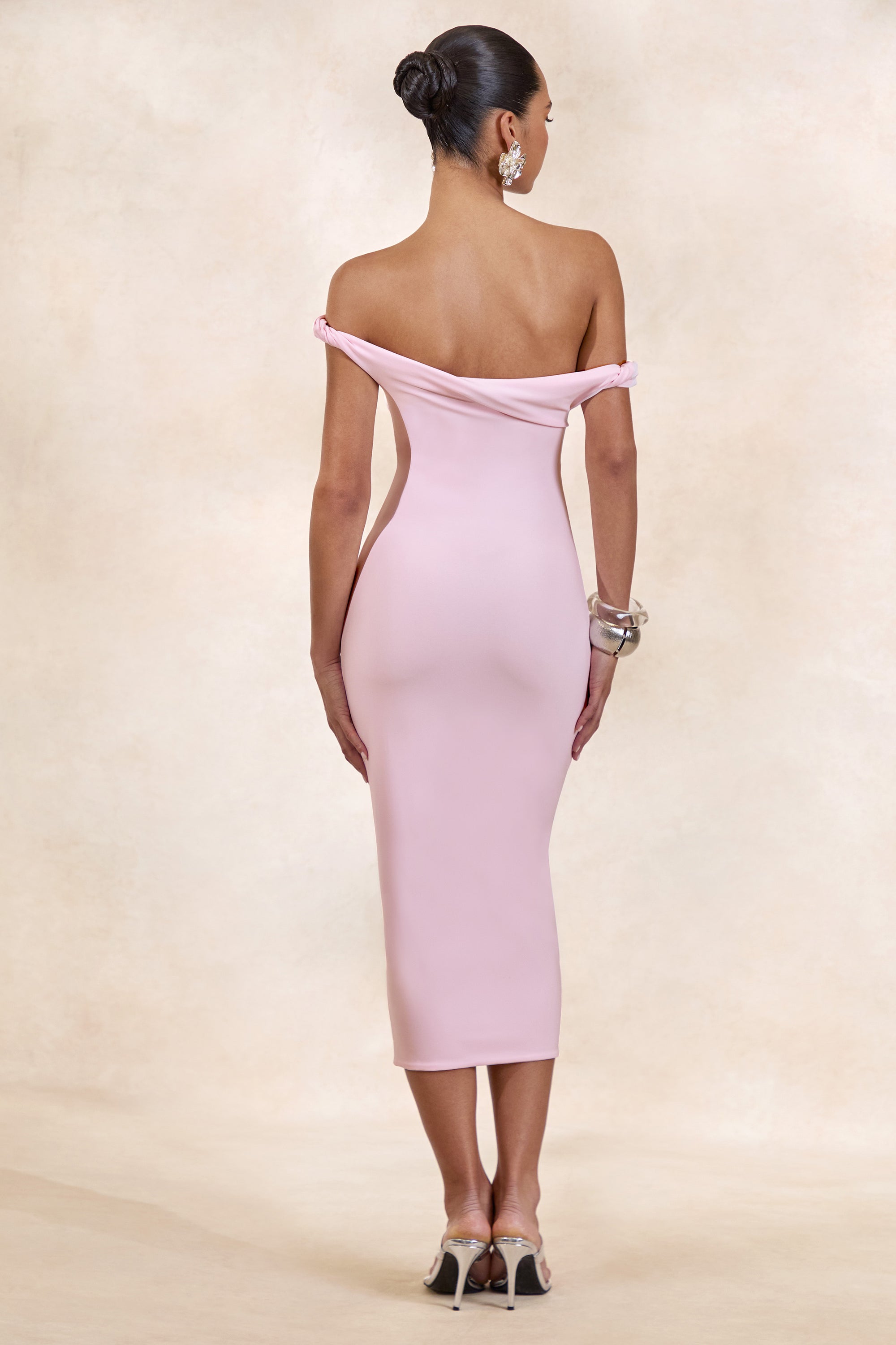 Sarafina | Light PINK Twisted Asymmetric-Neck Midi Dress