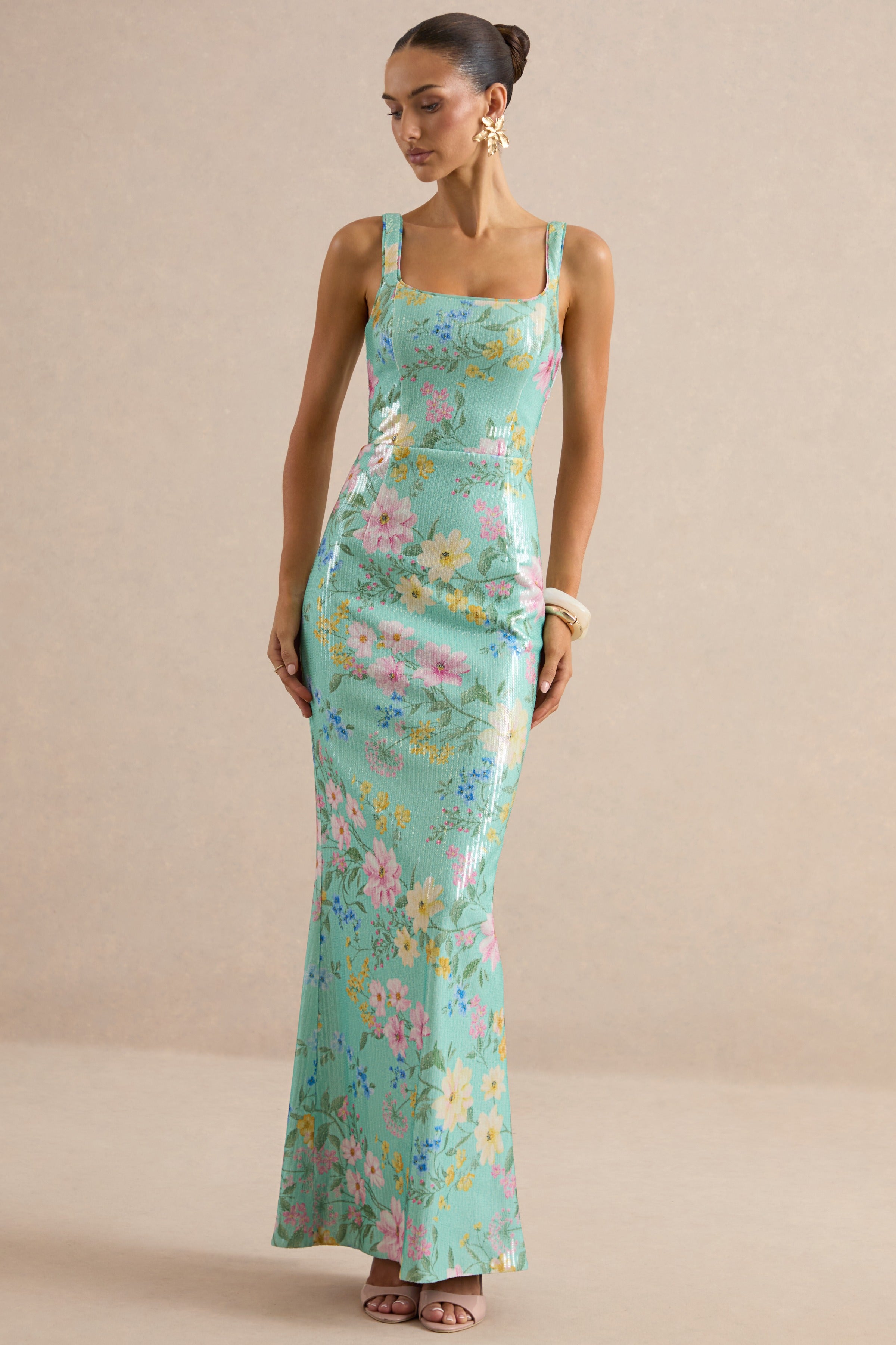 Danette | Mint Floral Print Sequin Square-Neck Maxi Dress – Club L