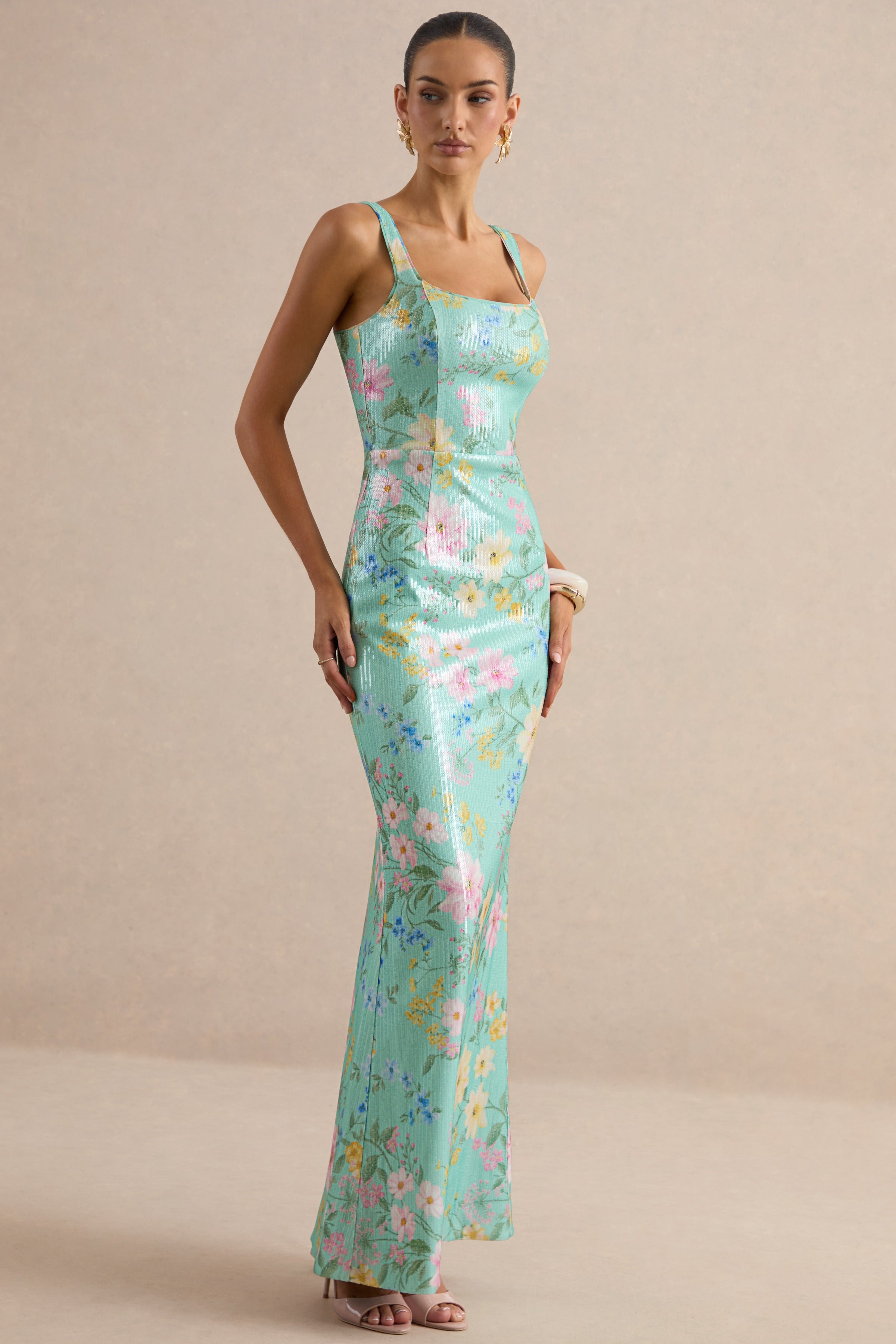 Danette | Mint Floral Print Sequin Square-Neck Maxi Dress – Club L
