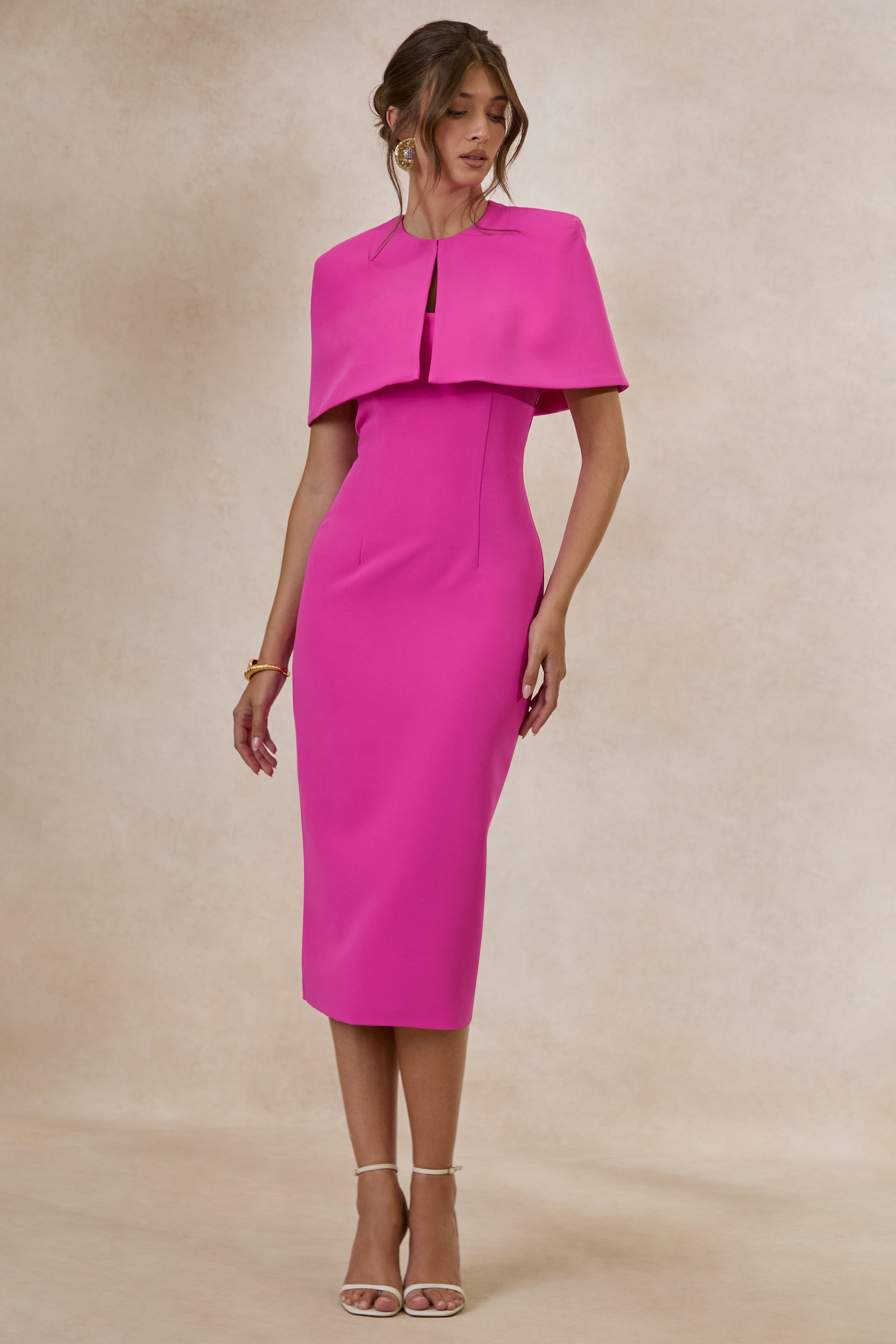 Celandia | Hot Pink Midi-Dress With Removable Cape – Club L London
