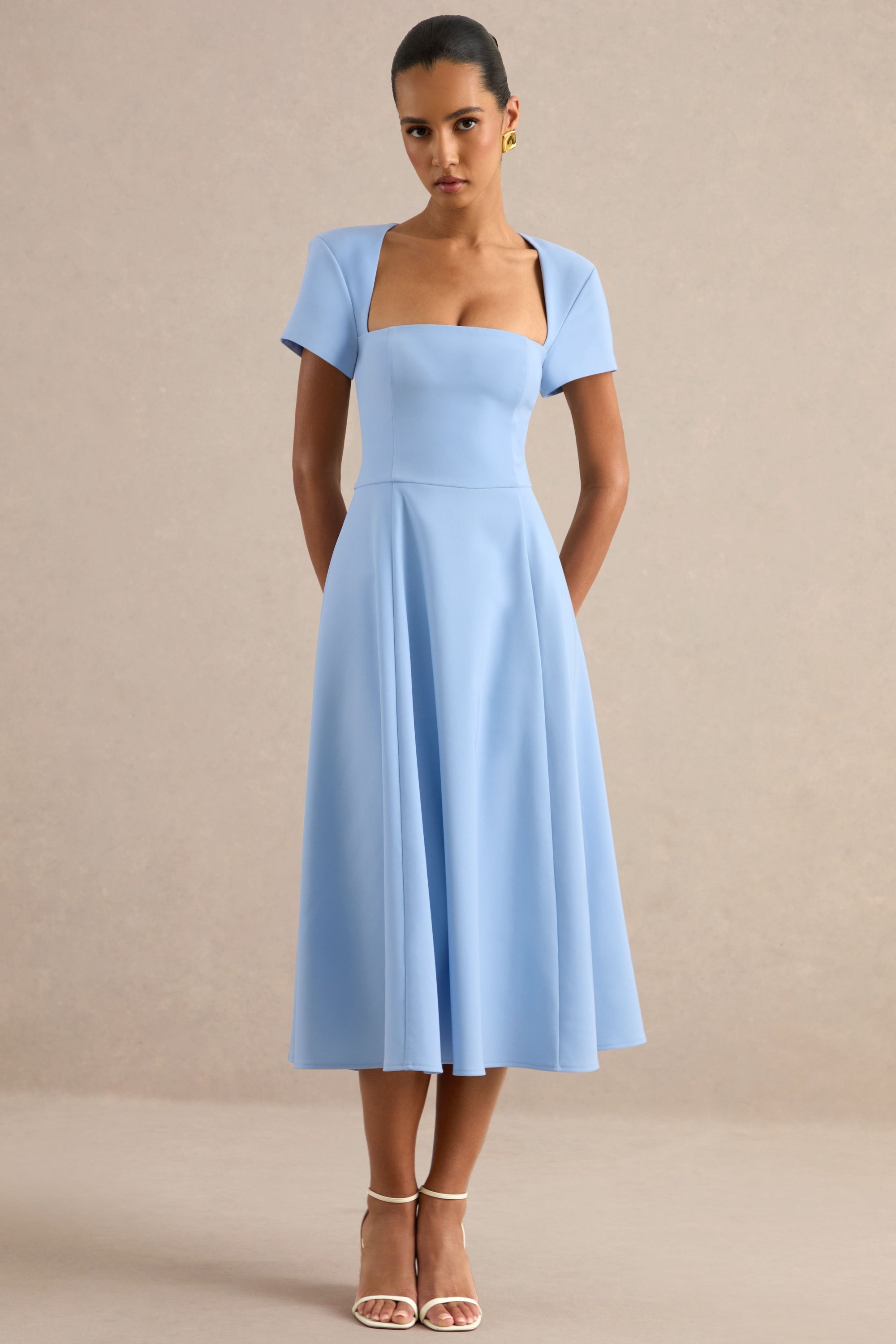 Donia | Light Blue Square-Neck Midi Skater Dress – Club L London