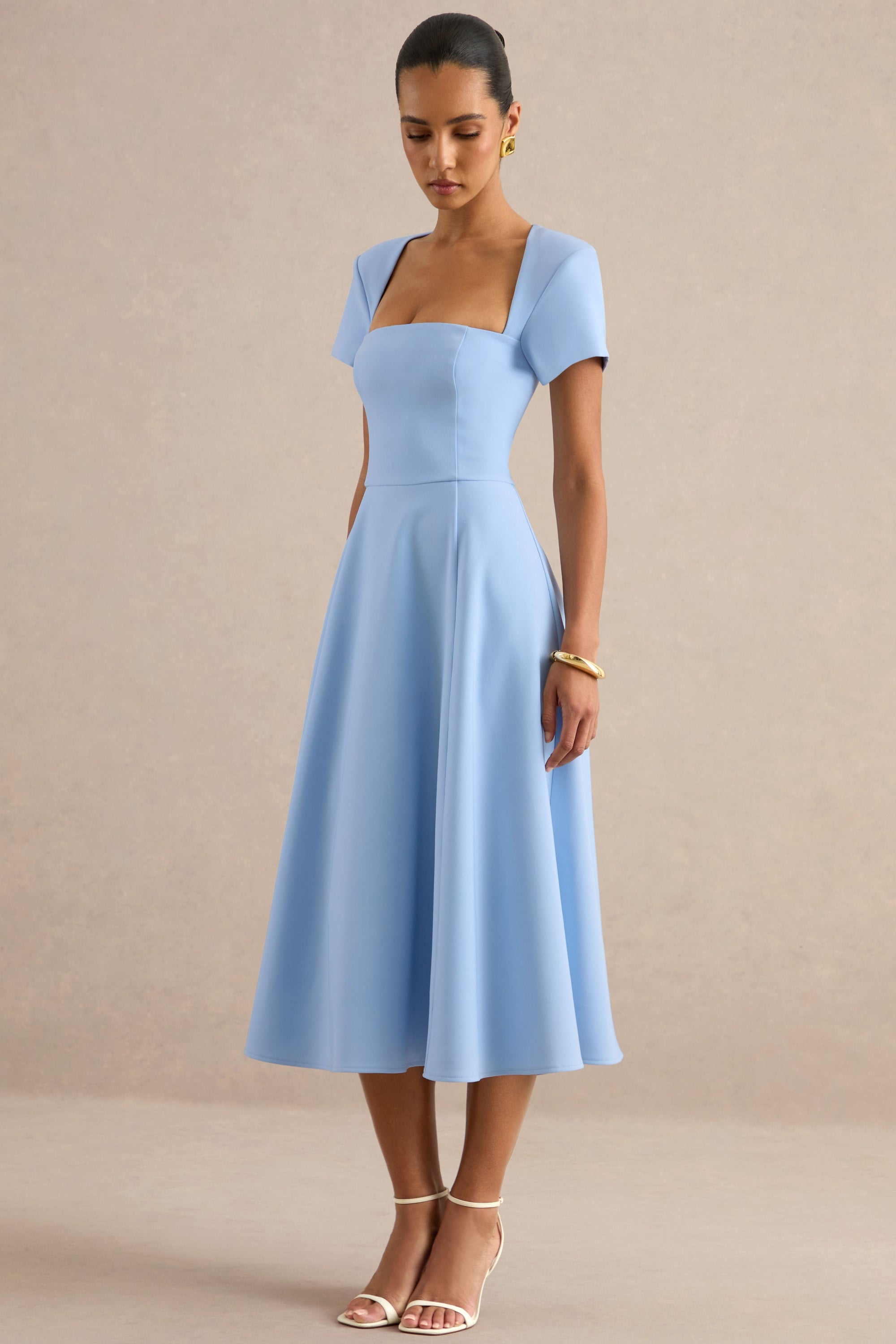 Donia | Light Blue Square-Neck Midi Skater Dress – Club L London