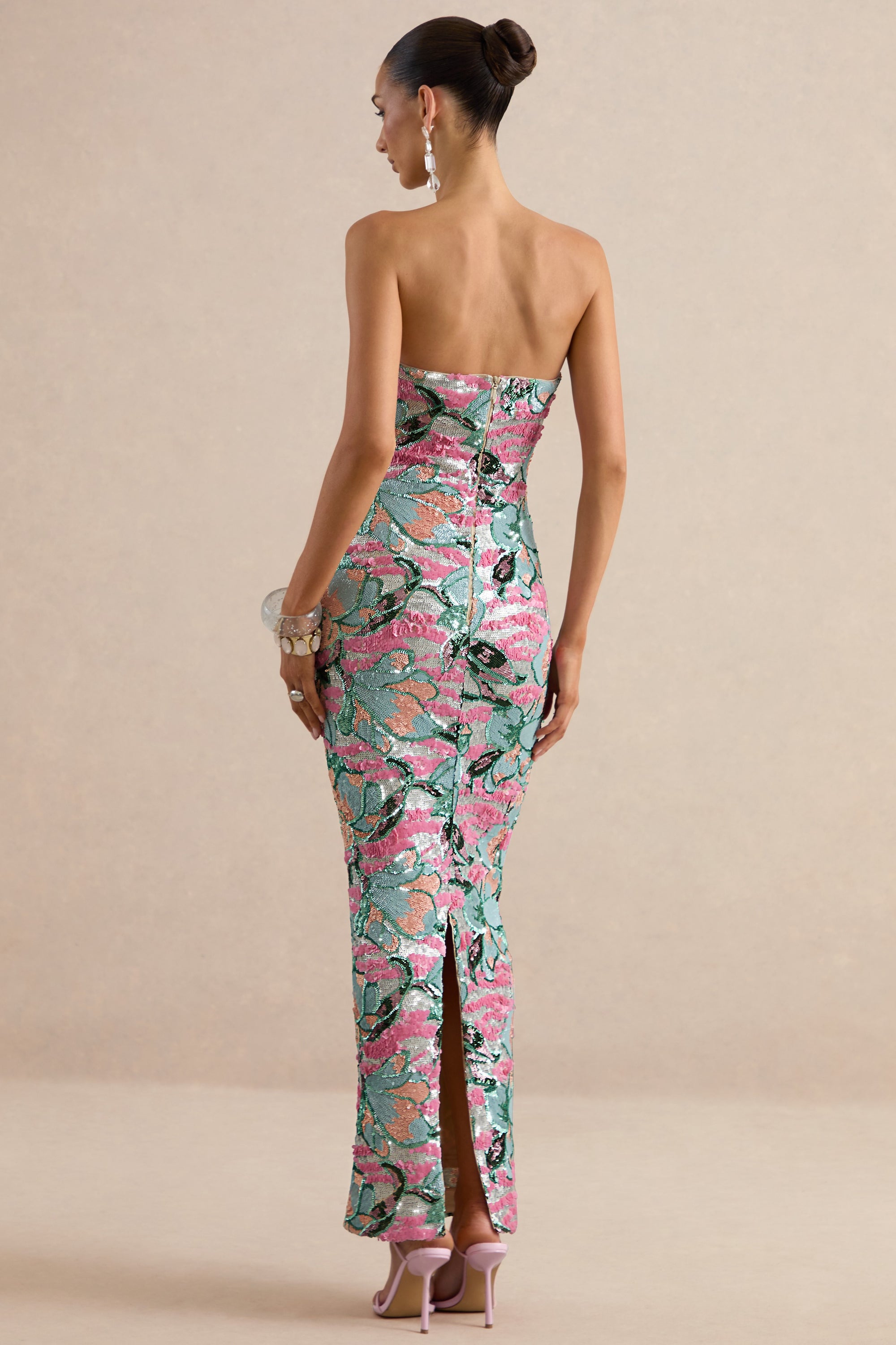 sequin floral maxi dress Strapless Floral Sequin Maxi Dress