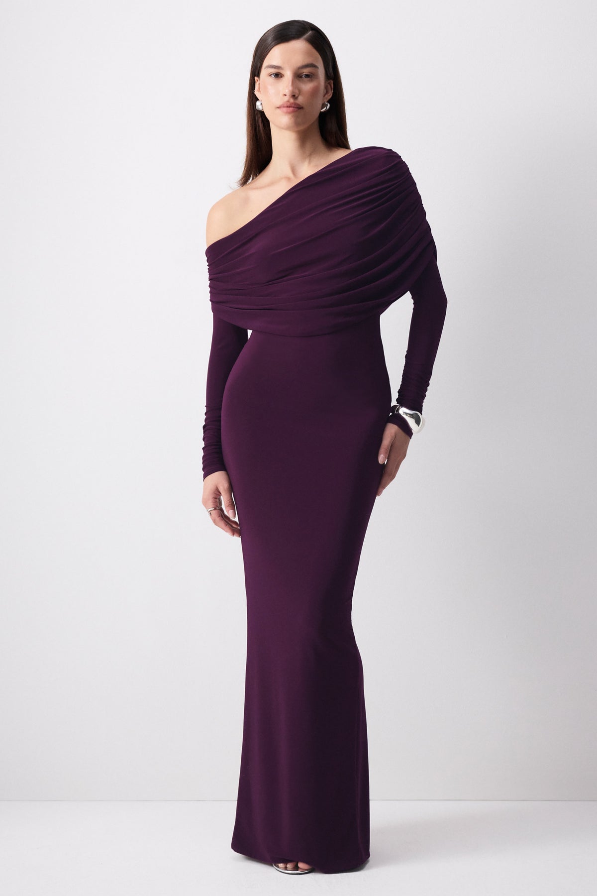 Cadia | Purple Jersey One Shoulder Long Sleeve Maxi Dress With Ruching – Club L London