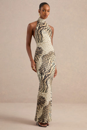 sequin halter cheetah print full length dress Arlise | Brown Animal Jersey High Neck Maxi With Open Back – Club L London OFF-THE-SHOULDERS
