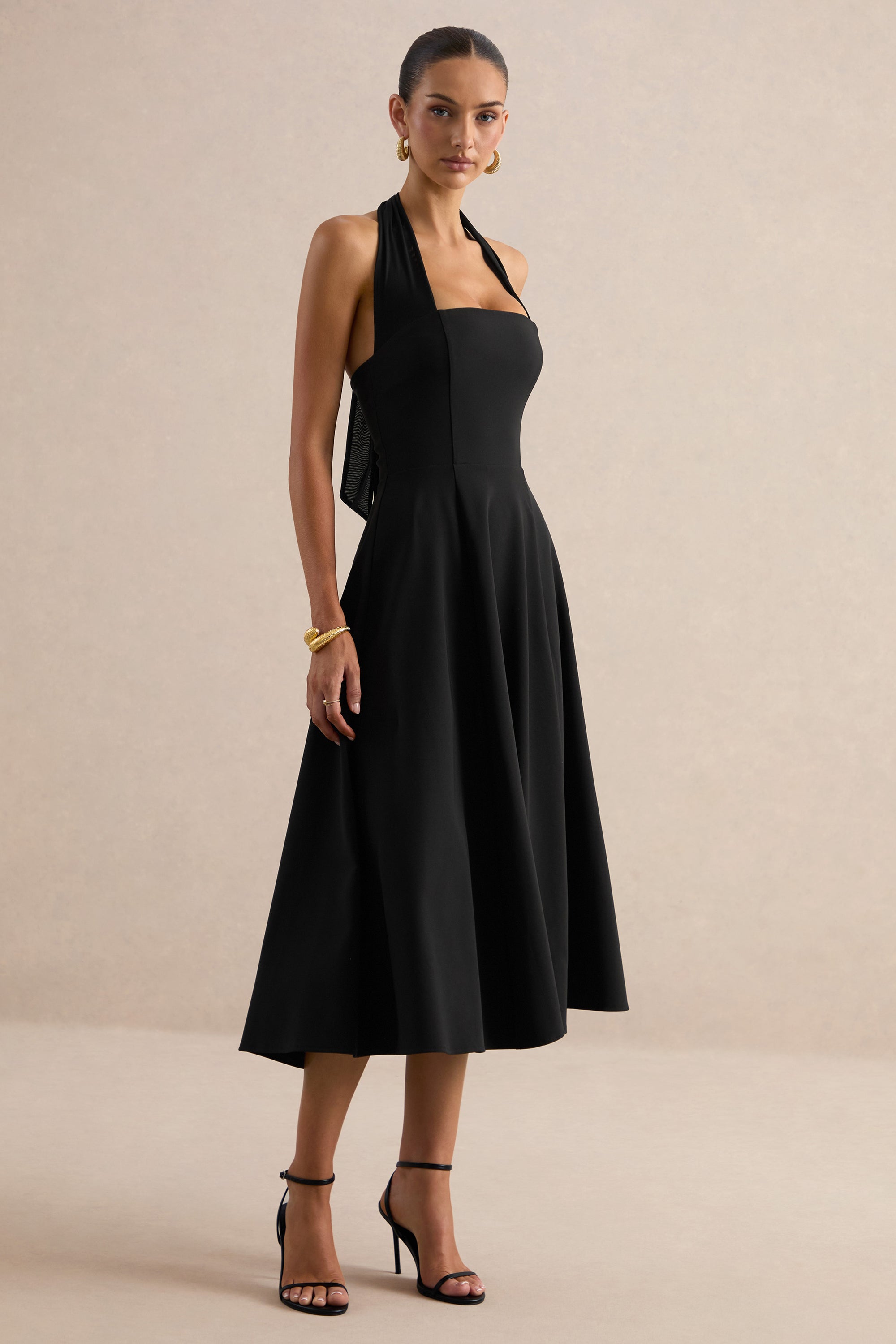 black midi skater dress Strappy Lace Trim Detail Cupped Midi Skater Dress In Black Woven | EGO US