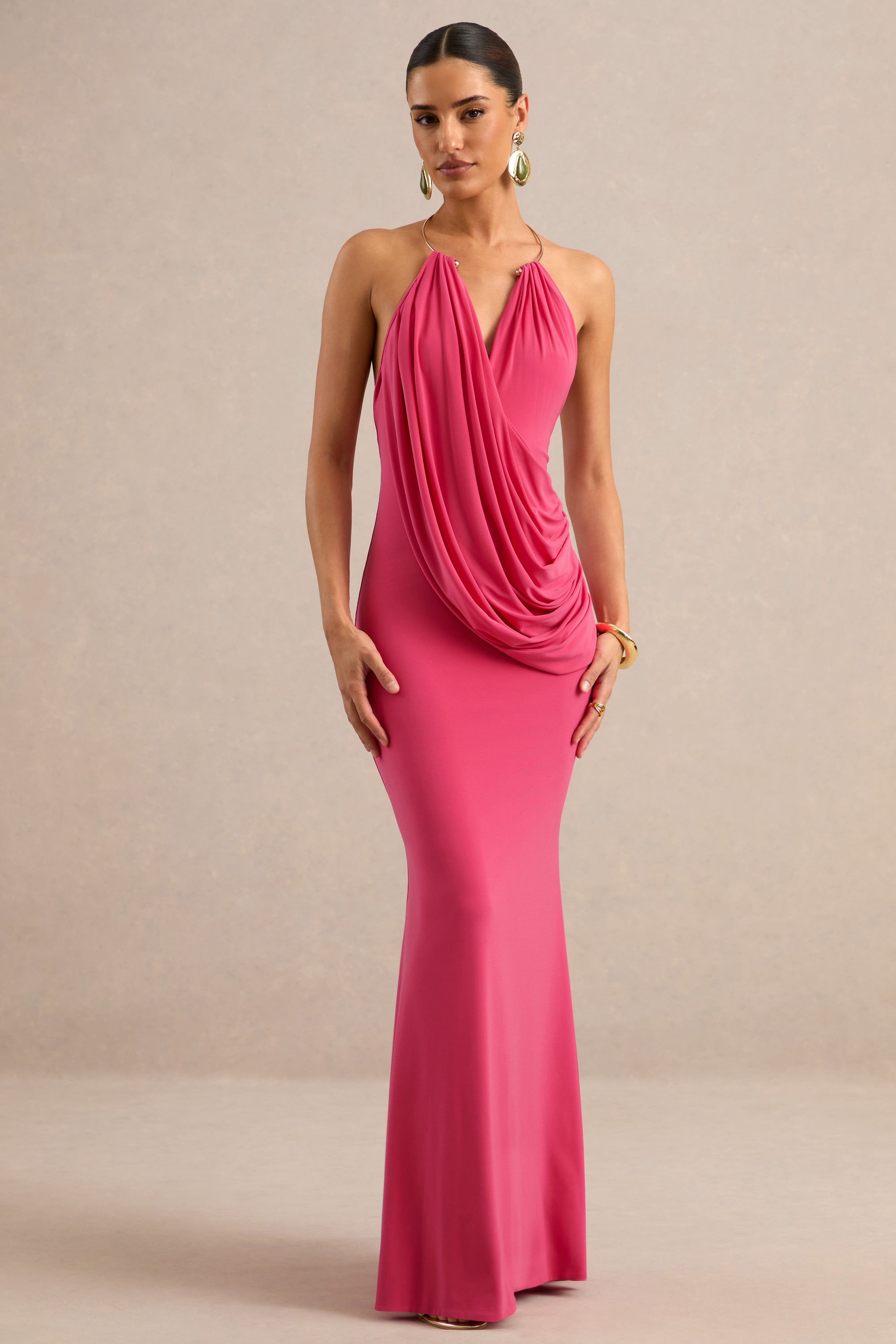 ECM_HR_CL138697073 - Dinara | Coral Halter-Neck Maxi Dress With Draped Detailing And Gold Detail 0.jpg