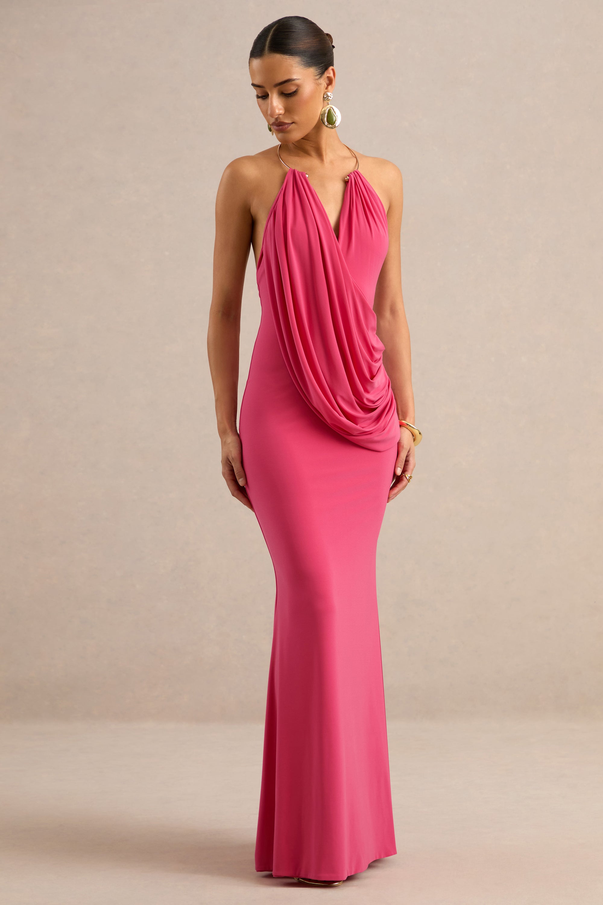 ECM_HR_CL138697073 - Dinara | Coral Halter-Neck Maxi Dress With Draped Detailing And Gold Detail 2.jpg