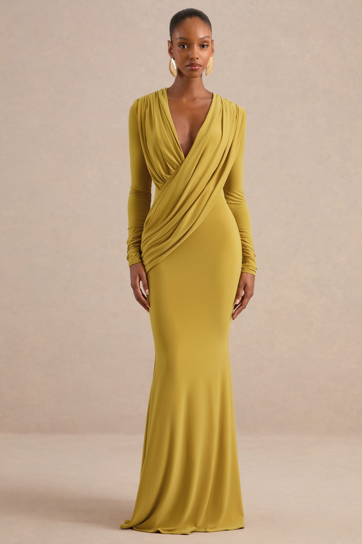 Azmina | Mustard Jersey Ruched V Neck Long Sleeve Maxi Dress With Drap – Club L London