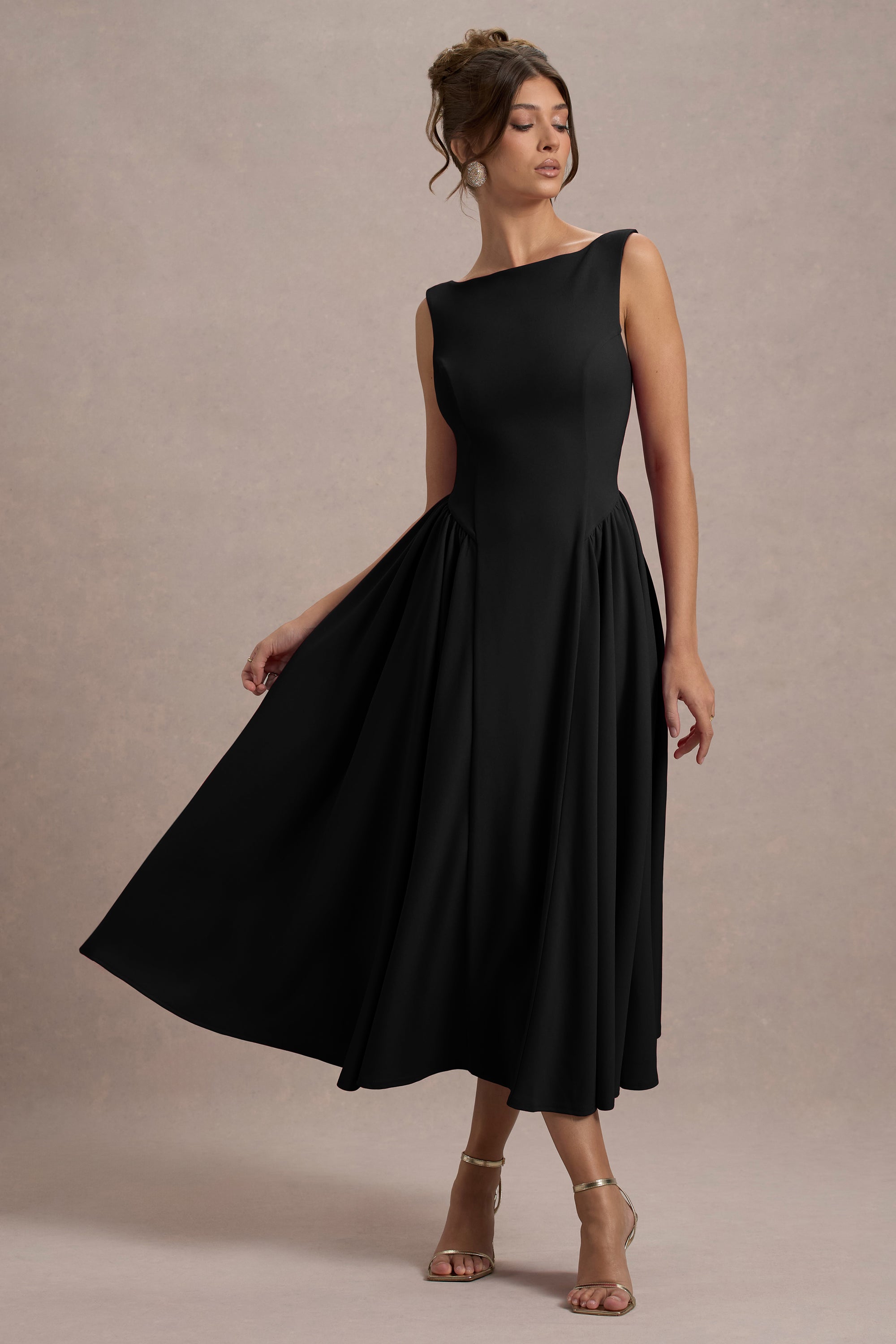 Muriel | Black Boat-Neck Volume-Hem Midi Dress – Club L London