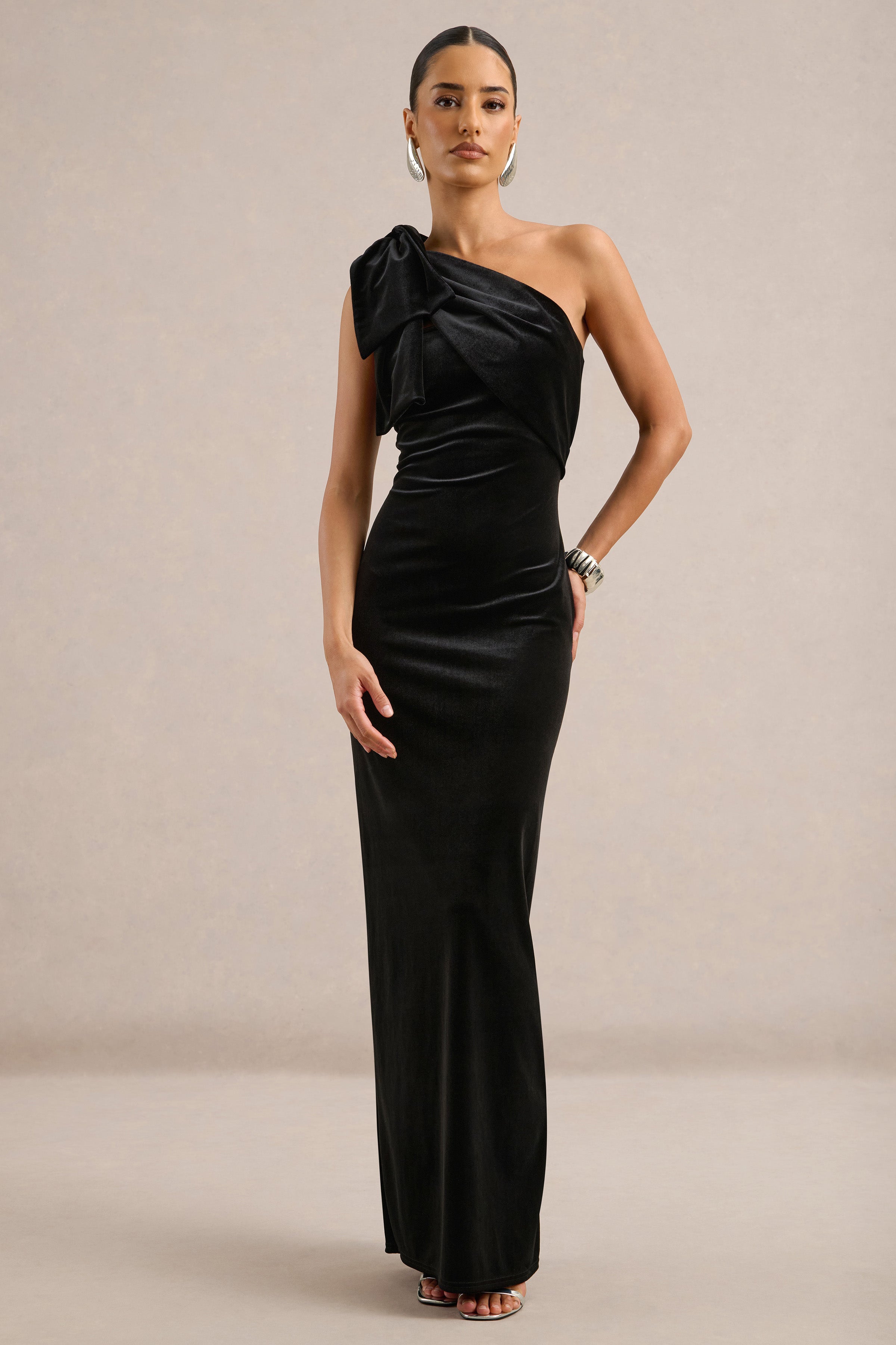 Zephira | Black Velvet One Shoulder Maxi Dress With Bow Detail