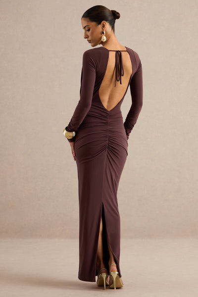 Lucina | Dark Brown V-Neck Maxi Dress With Ruched Detailing – Club L London
