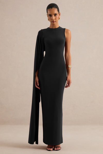Maravelle | Black Jersey Round Neck Maxi Dress With Cape Sleeve