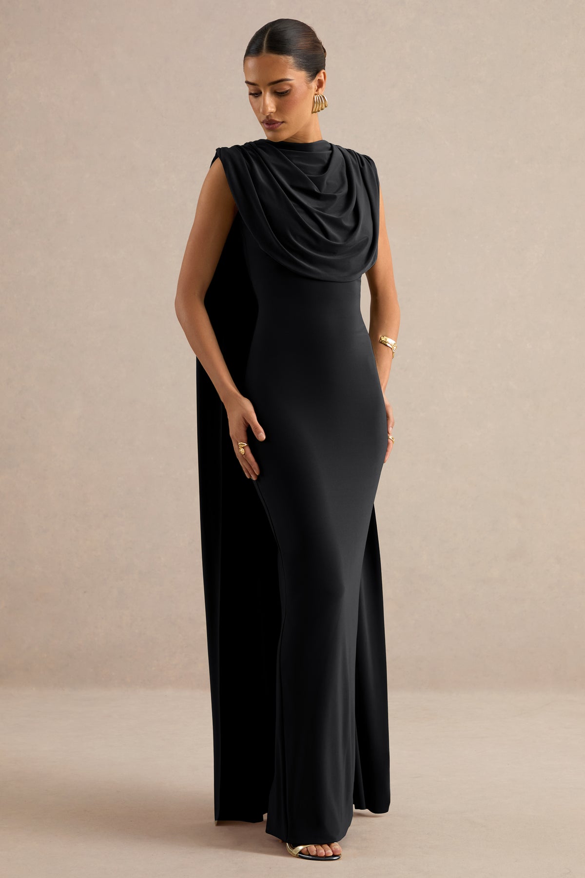 ECM_HR_CL138796001 - Hanina | Black Round-Neck Maxi Dress With Draped Detailing And Cape Sleeves 1.jpg