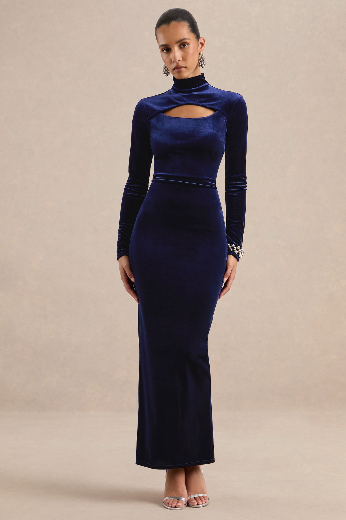 ECM_HR_CL138895010 - Frankie _ Navy Velvet High Neck Long Sleeve Fitted Maxi Dress with Chest Cut Out And Back Split1.jpg