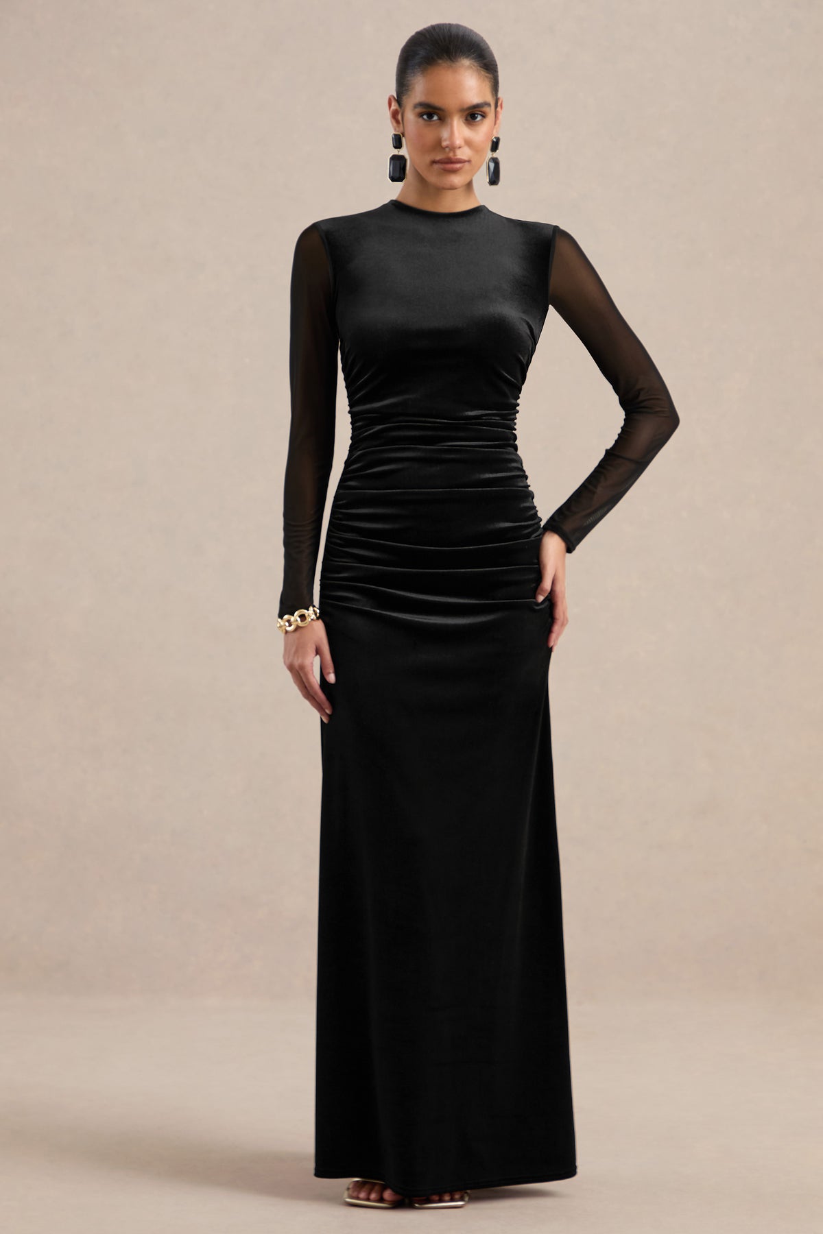 ECM_HR_CL138896001 - Marielle _ Black Velvet Round Neck Long Sleeve Fitted Maxi Dress With Gathered Detailing And Mesh Sleeves1.jpg