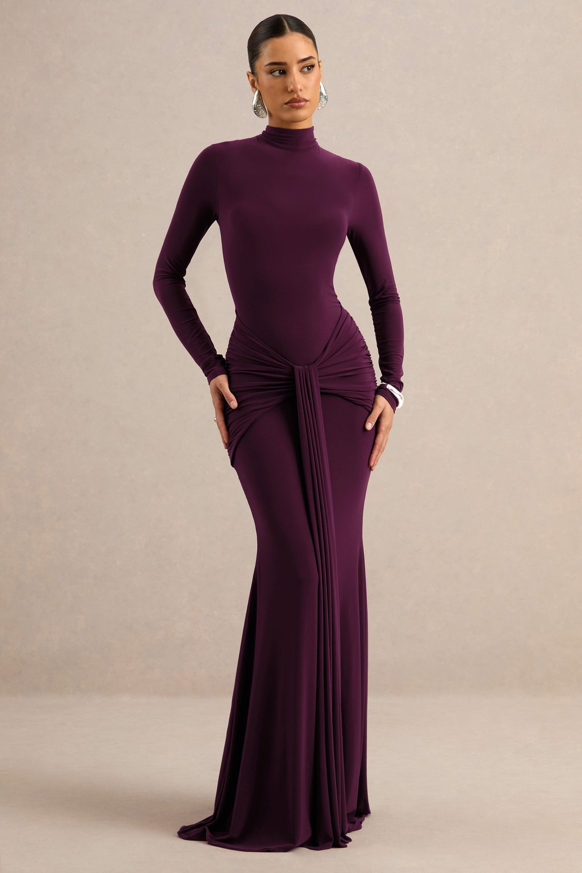 Seraphita | Purple Jersey High Neck Long Sleeve Maxi Dress With Gather – Club L London