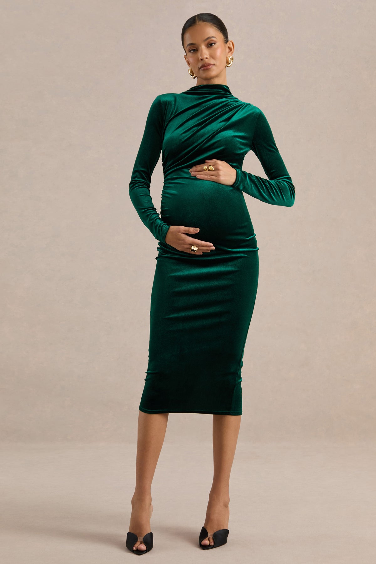 ECM_HR_CL139341038 - Perelina _ Dark Green Velvet High Neck Long Sleeve Maternity Midi Dress With Gathered Detailing0.jpg