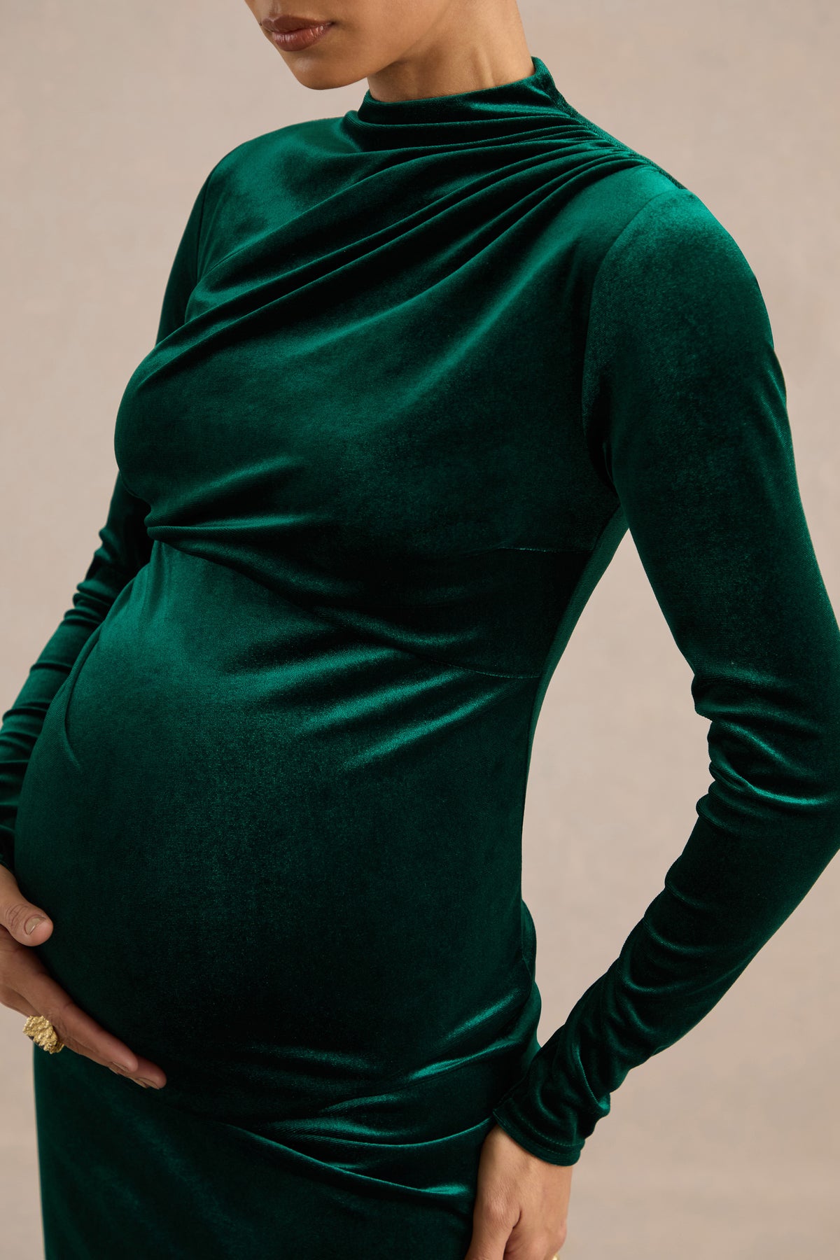 ECM_HR_CL139341038 - Perelina _ Dark Green Velvet High Neck Long Sleeve Maternity Midi Dress With Gathered Detailing4.jpg