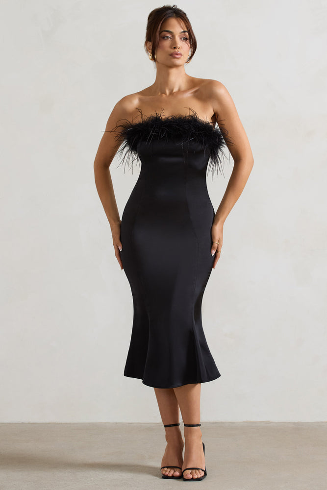 One And Only Black Satin Feather Trim Bandeau Midi Dress