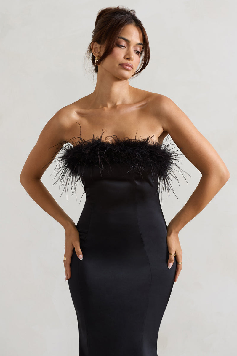 One And Only Black Satin Feather Trim Midi Dress – Club L London - USA