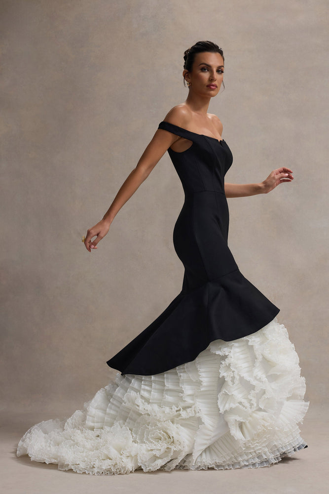 The Greatest Black & Cream Bardot Maxi Dress With Tulle