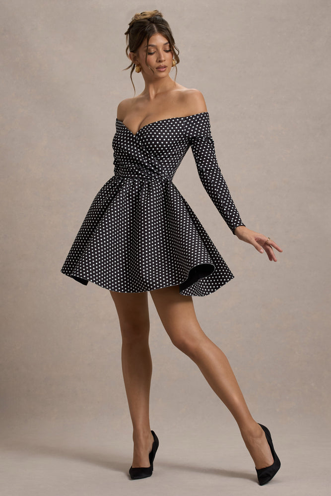 Riva Black Polka Dot Bardot Long-Sleeve Mini Dress – Club L
