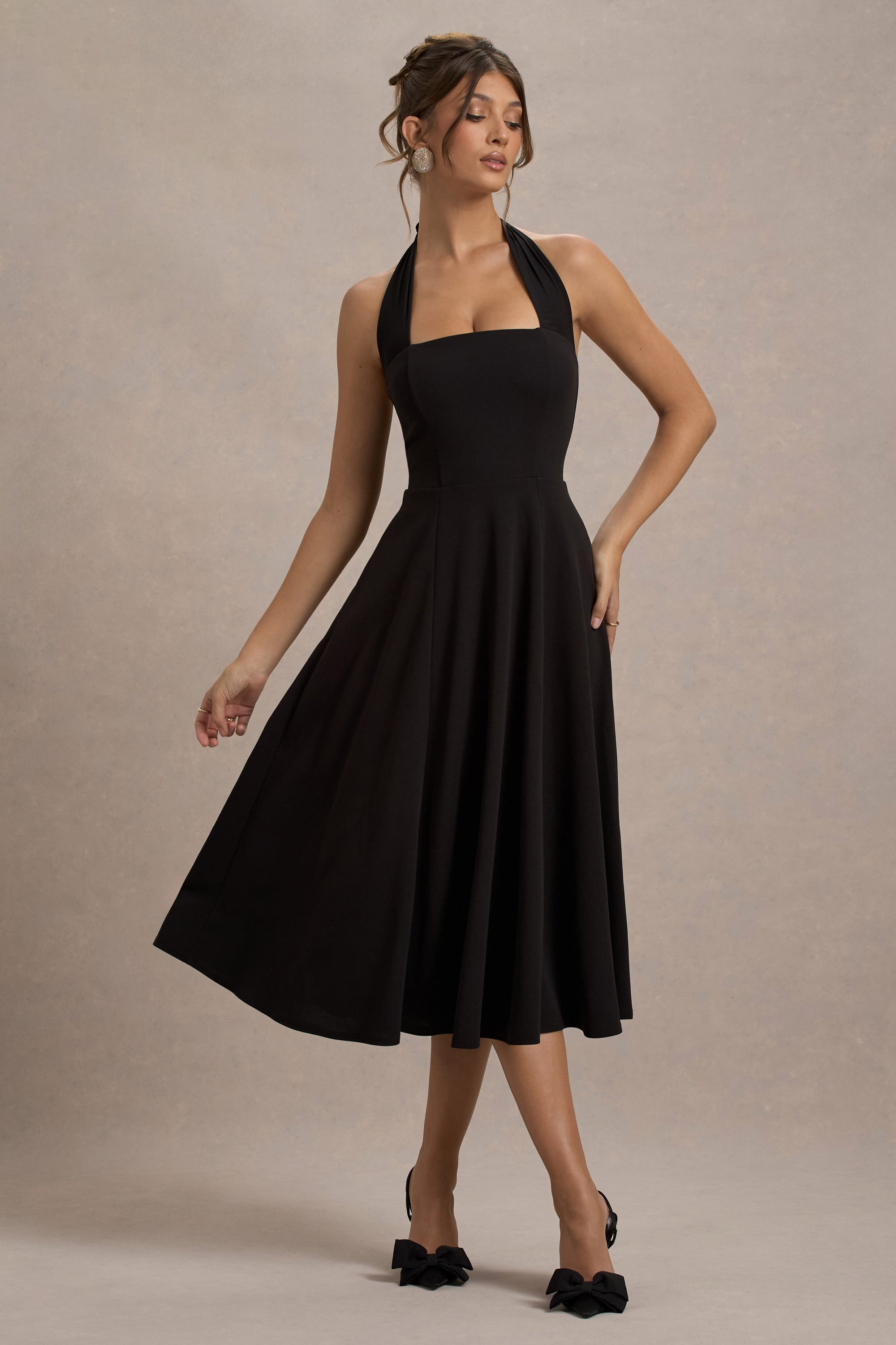 black midi skater dress Black boohoo Crepe Asym Neck Skater Midi Dress