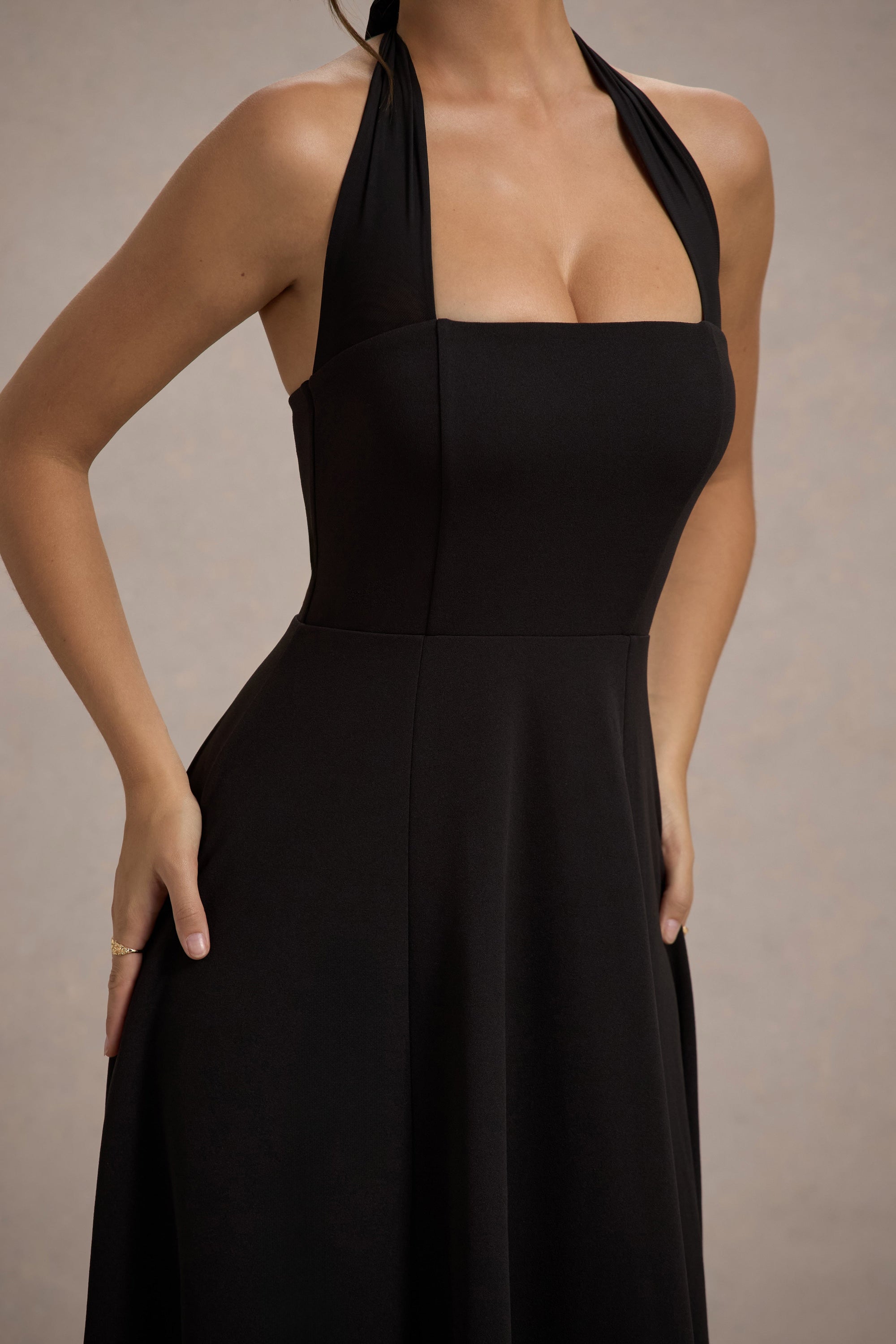 halter neck midi skater dress Black Satin Halterneck Midi Skater Dress