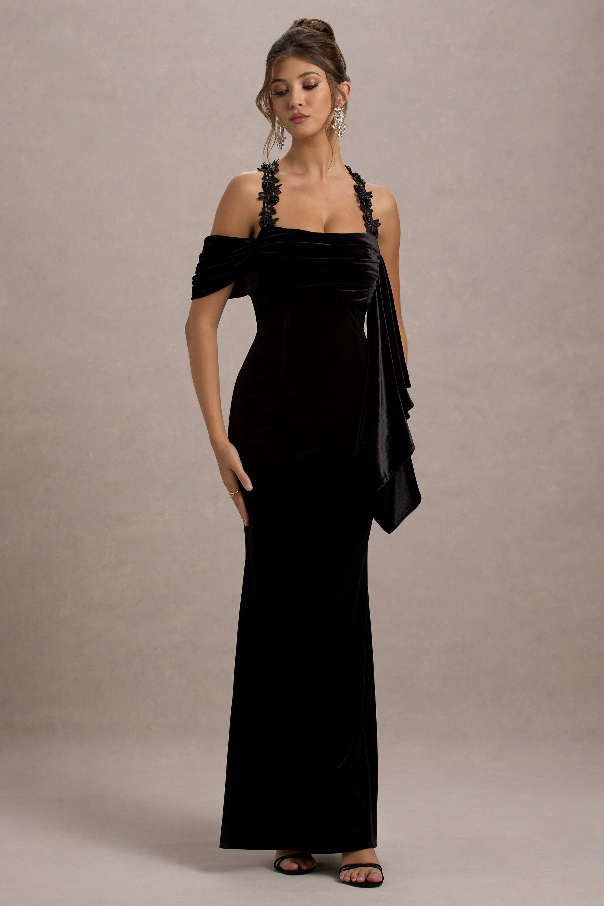 Charlize | Black Velvet Halter-Neck Draped Maxi Dress - Club L London - USA
