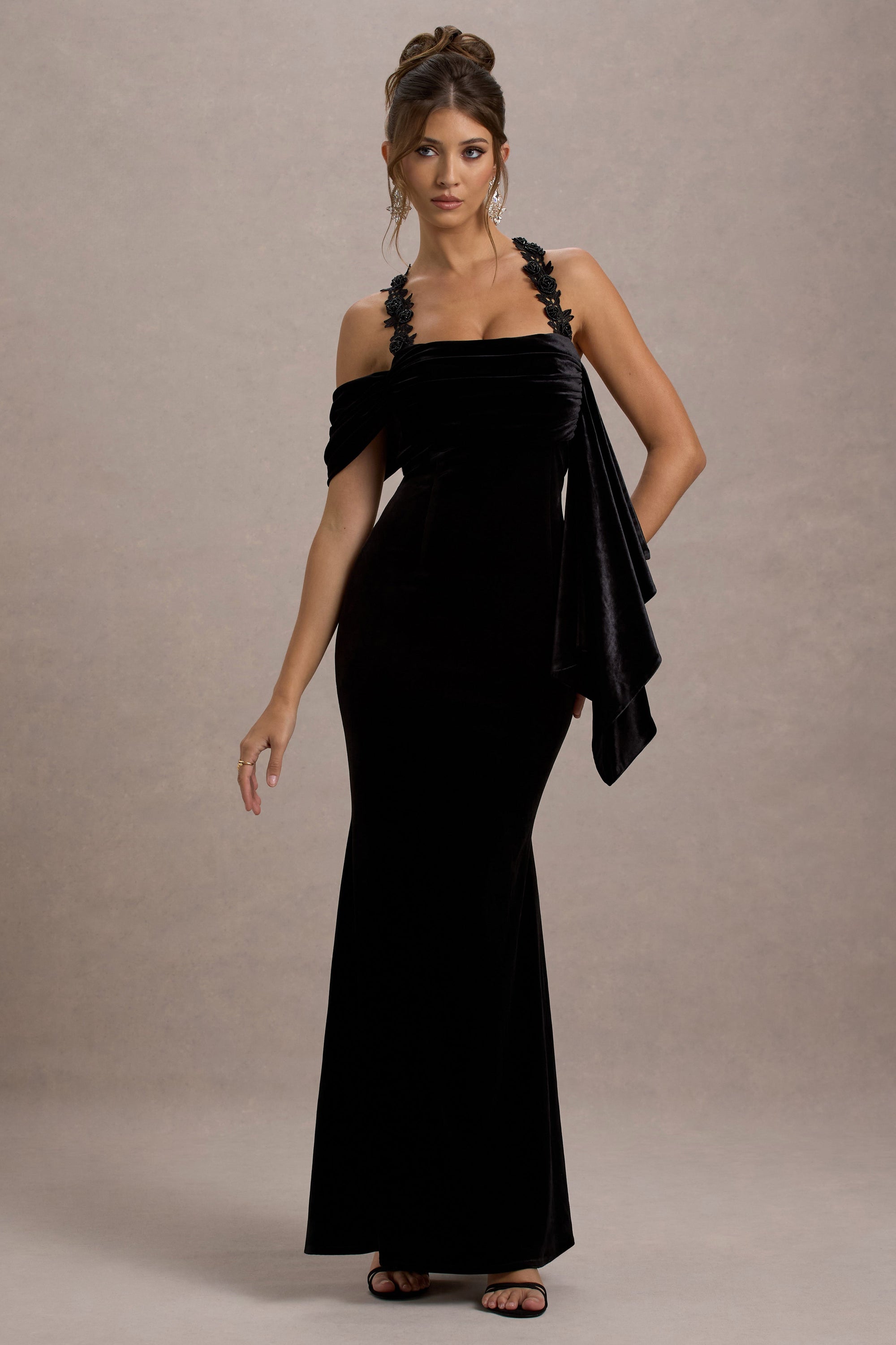 Charlize | Black Velvet Halter-Neck Draped Maxi Dress - Club L London - USA