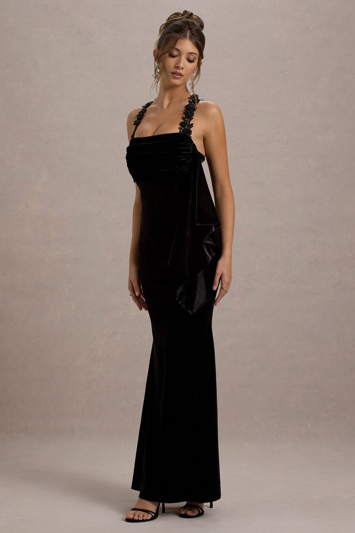 Charlize Black Velvet Halter-Neck Draped Maxi Dress Club L London - USA Charlize Black Velvet Halter-Neck Draped Maxi Dress Club L London - USA