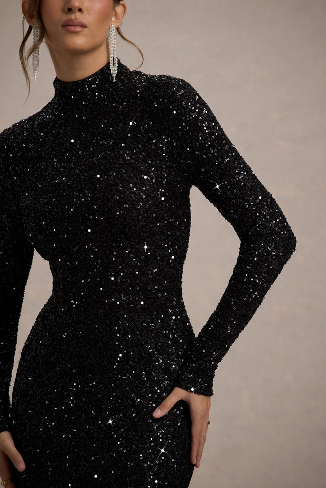 Galaxy | Black Sequin Turtle-Neck Long-Sleeve Maxi Dress - UK 8 Black Galaxy | Black Sequin Turtle-Neck Long-Sleeve Maxi Dress - UK 8 Black