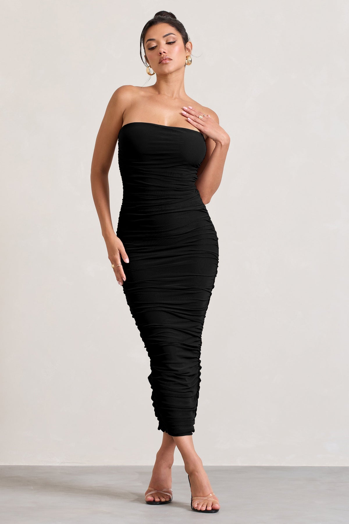 My Lady Black Strapless Bodycon Ruched Mesh Maxi Dress – Club L London - USA