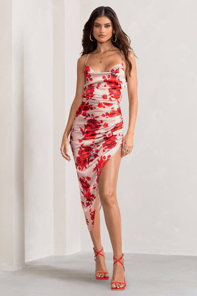 Satin floral cowl flute hem slip dress discount