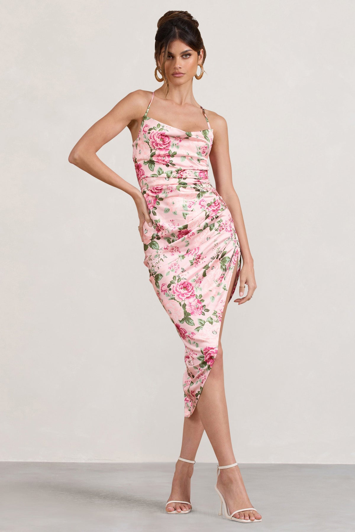 Risk It All Blush Pink Floral Print Satin Cowl Asymmetric Midi Dress – Club  L London - USA