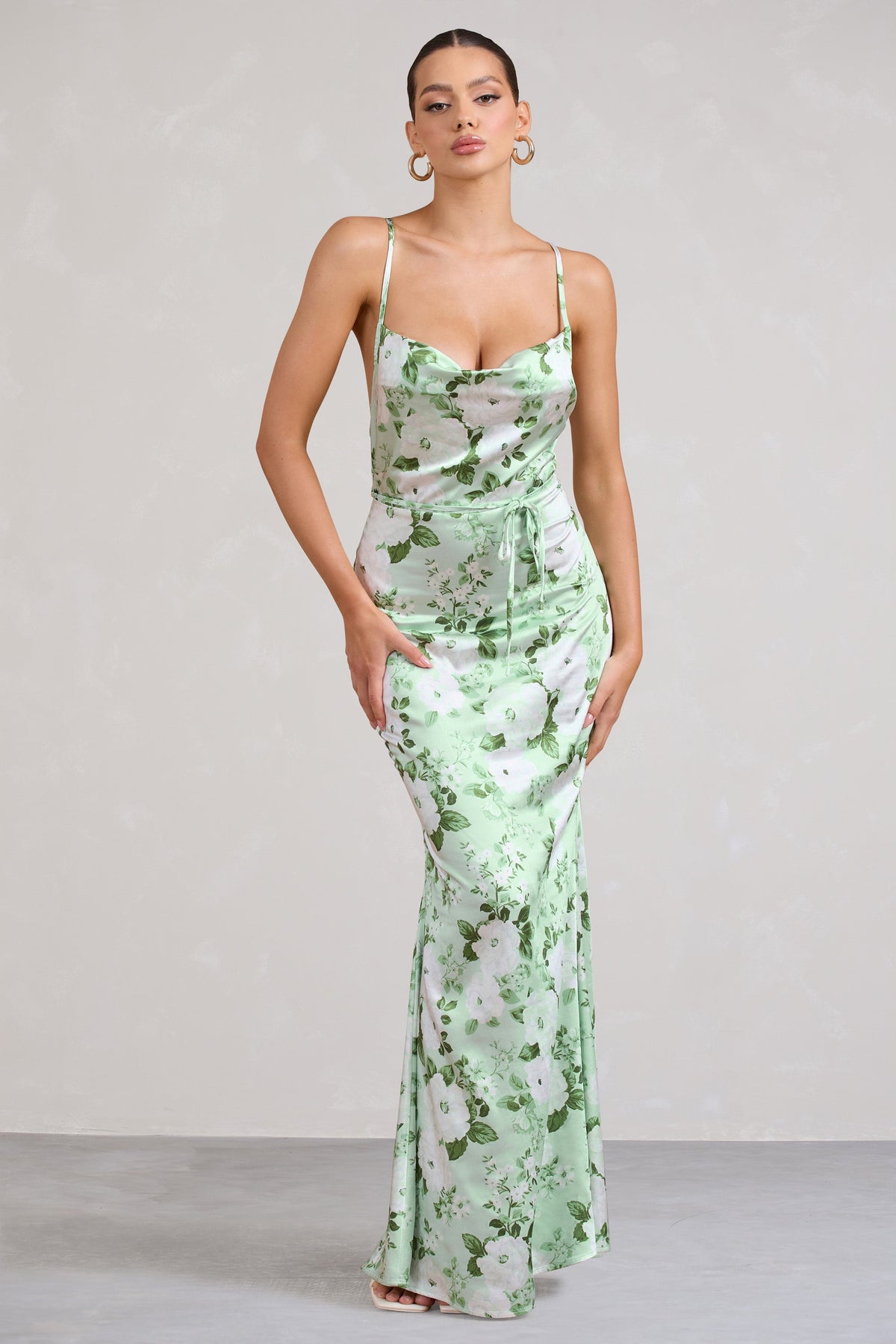 Lifetime Green Floral Print Satin Cowl Neck Maxi Dress With Cross