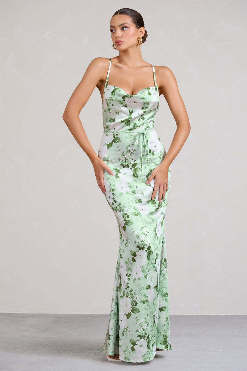 Lifetime Green Floral Print Satin Cowl Neck Maxi Dress With Cross Ba ...