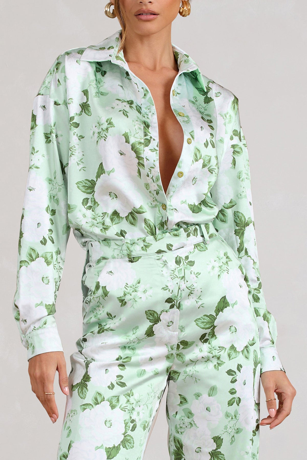 Club USA Print Limitless L – & Satin Floral Green Shirt - White London Oversized