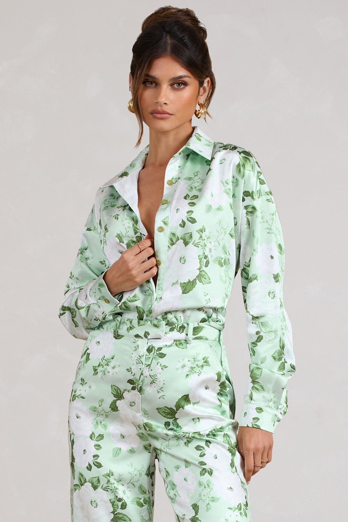 Limitless White Satin Print Green Shirt Oversized Floral Club London & L USA – 