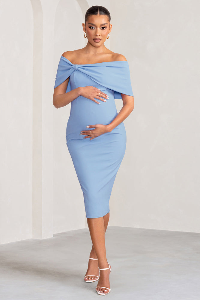 Alyssa Powder Blue Bardot Bow Maternity Midi Dress with Ruching – Club ...