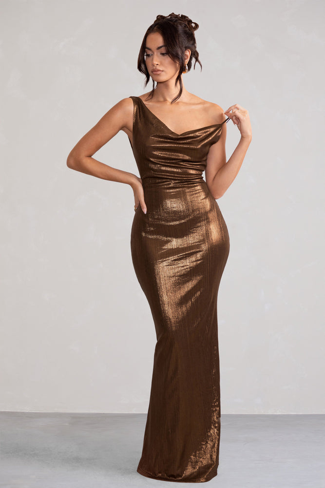 Galaxy Shimmer Bronze Bias Cut Cowl Front Maxi Dress Club L London USA