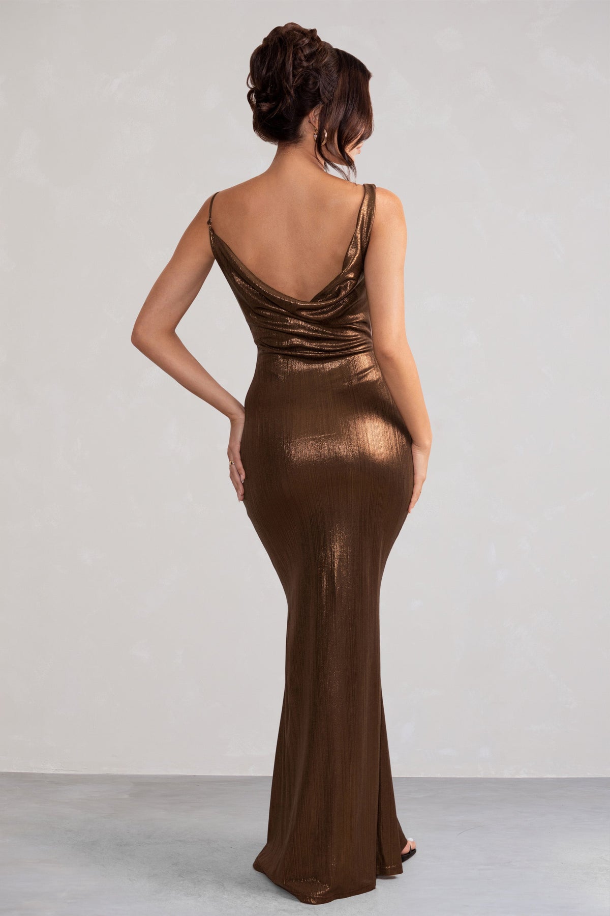 Galaxy Shimmer Bronze Bias Cut Cowl Front Maxi Dress – Club L