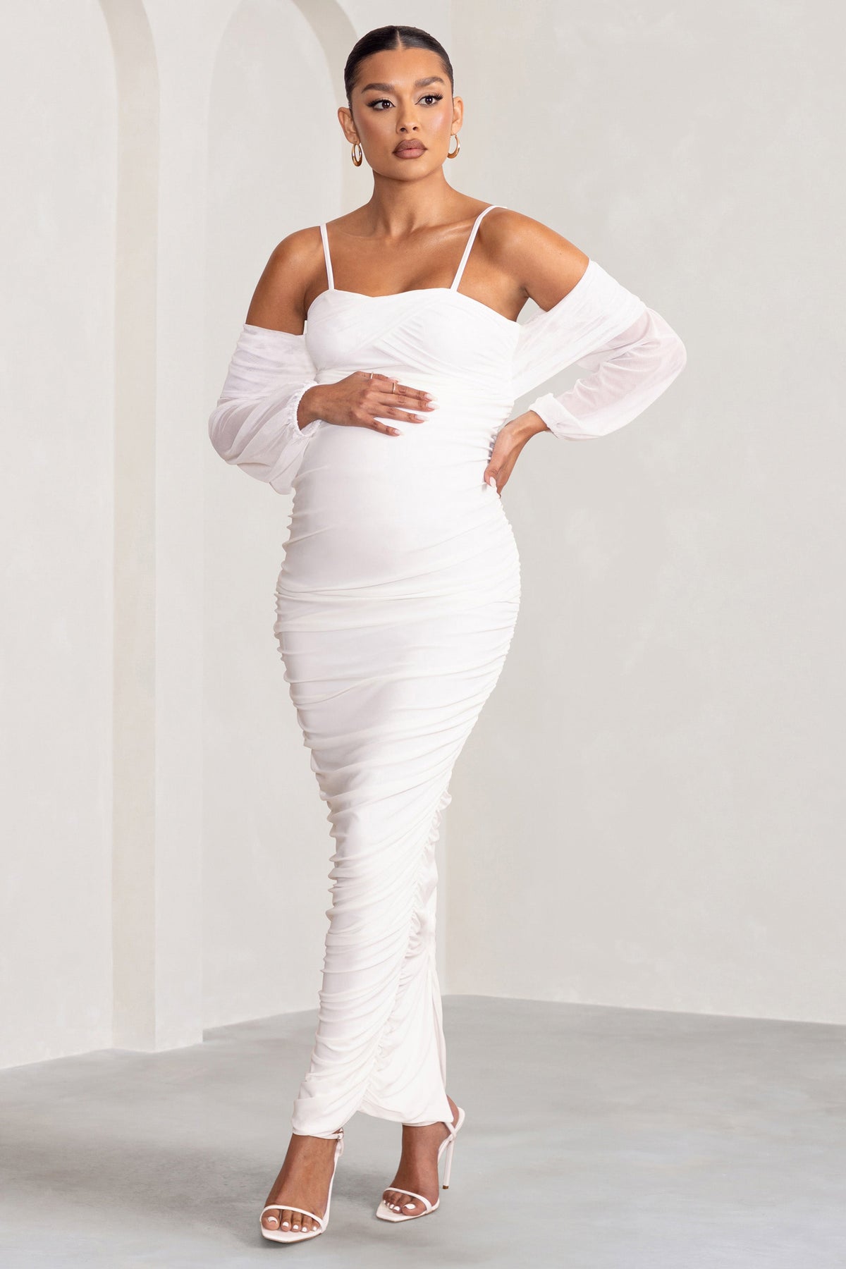 Announcement White Maternity Ruched Mesh Maxi Dress – Club L London - USA
