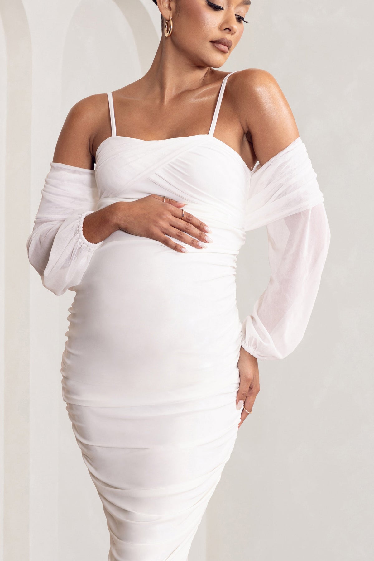 Announcement White Maternity Ruched Mesh Maxi Dress – Club L