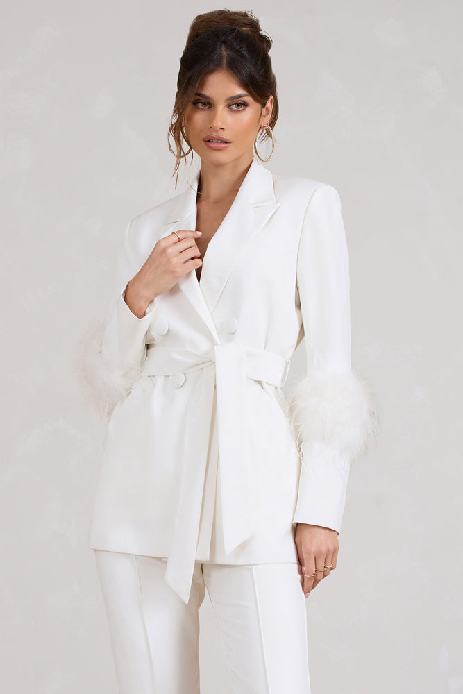 Just Like That | White Belted Blazer With Feather Detail