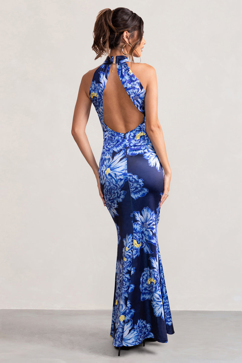 Unstoppable Blue Floral Print Satin Cross Over Halter Neck Maxi Dres Club L London Usa 